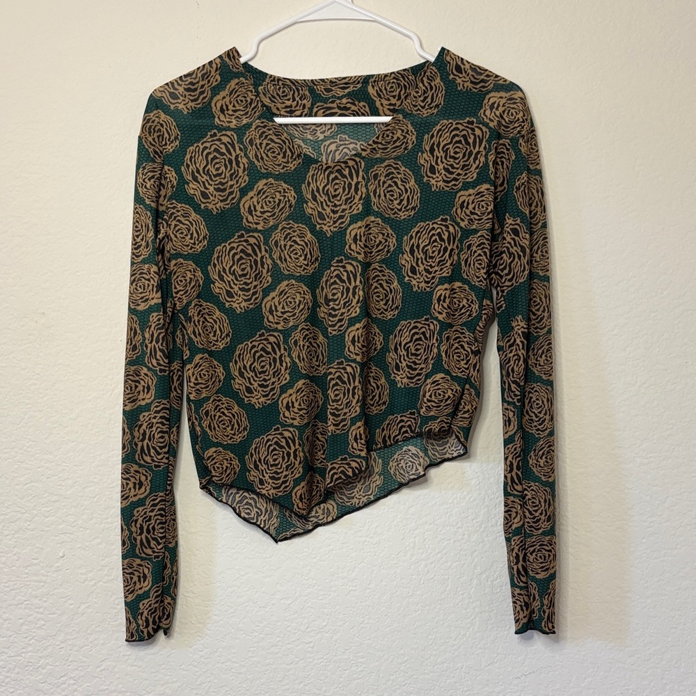 SAMPLE SALE Floral Patterned Green and Brown Women's Top